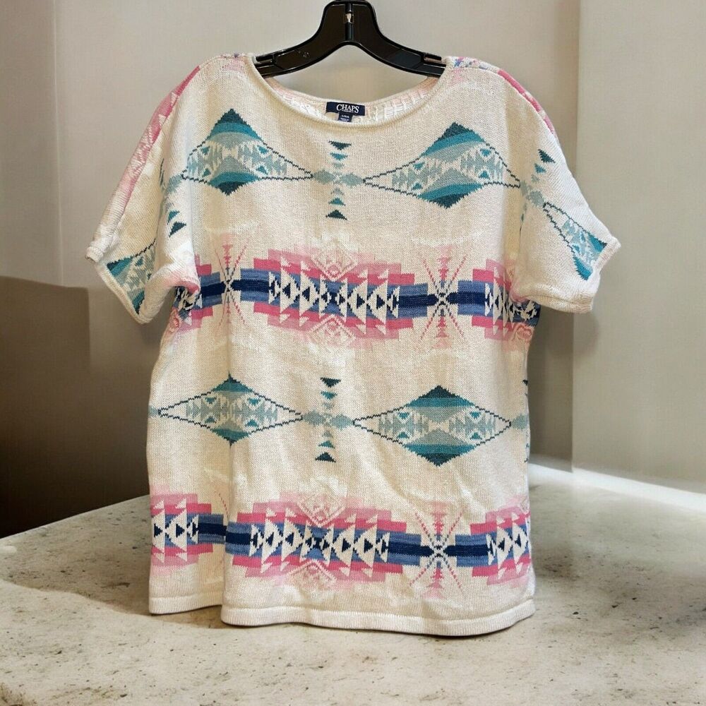 Chaps Women's L Aztec Southwest Print Linen Blend Sweater